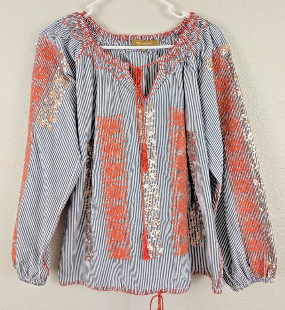 Rose And Rose sz XS Blouse embroidered sequins stripes balloon sleeves top 1243